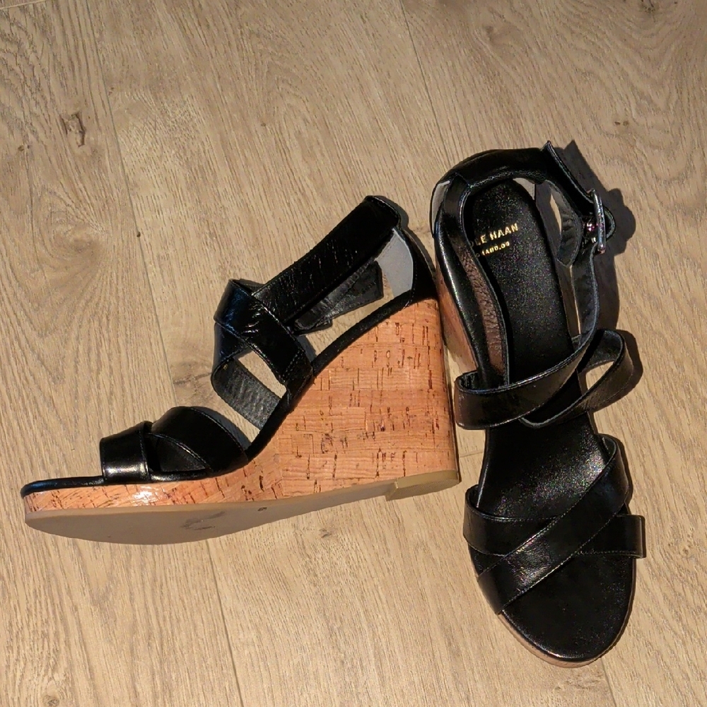 Cole Haan Black and Tan Wedge Sandals